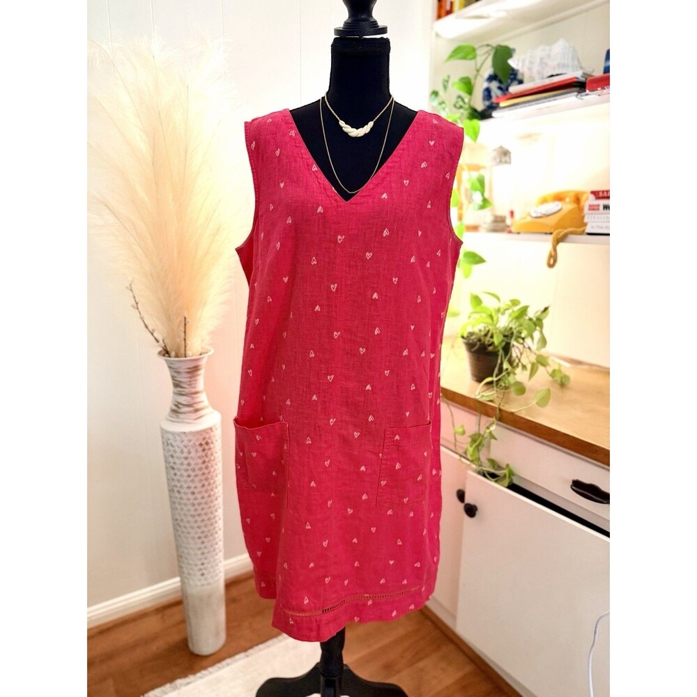 Next Pink Heart Print Linen Blend Sleeveless Shift Dress UK 14 US 10